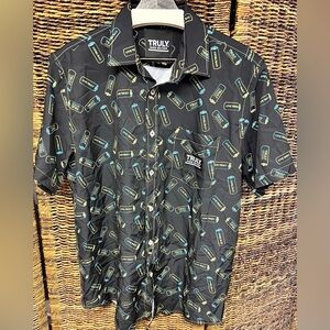 TRULY Hard Seltzer-Black w/ Blue/Yellow Graphic‎ Men's Shirt,Large,Button up